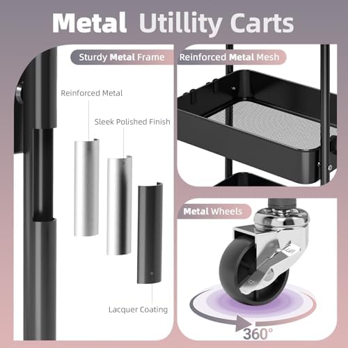 KINGRACK 3 Tier Metal Rolling Cart with Drawer, Black Utility Storage Cart | 2 Cups & 4 Hooks, Lockable Wheels, Trolley Organizer for Bathroom, Kitchen, Office, Nursery, Dorm, Laundry, Craft Room - Image 4