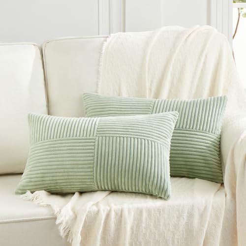 Fancy Homi 2 Packs Sage Green Lumbar Decorative Throw Pillow Covers 20x28 Inch for Living Room Couch Bed, Rustic Farmhouse Boho Home Decor, Soft Striped Corduroy Rectangle Accent Cushion Case 50x70 cm by Fancy+Homi