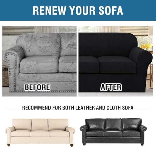 H.VERSAILTEX 4 Piece Stretch Sofa Covers for 3 Cushion Couch Covers for Living Room Furniture Slipcovers (Base Cover Plus 3 Seat Cushion Covers) Thicker Jacquard Fabric (Large Sofa, Black) - Image 7