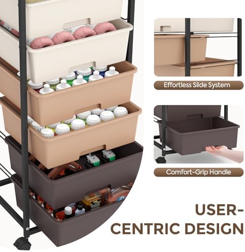 6 Drawer Rolling Storage Cart with Wooden Top and Wheels for Crafts,Brown - Image 4