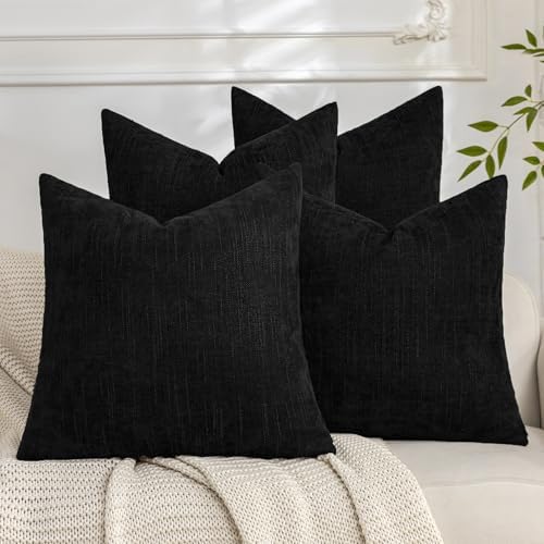 Set of 4 Soft Textured Decorative Throw Pillow Covers 24x24 Inch Cozy Farmhouse Cushion Cover Square Accent Pillow Cases for Bed Couch Sofa Living Room, Black by Cozoomy