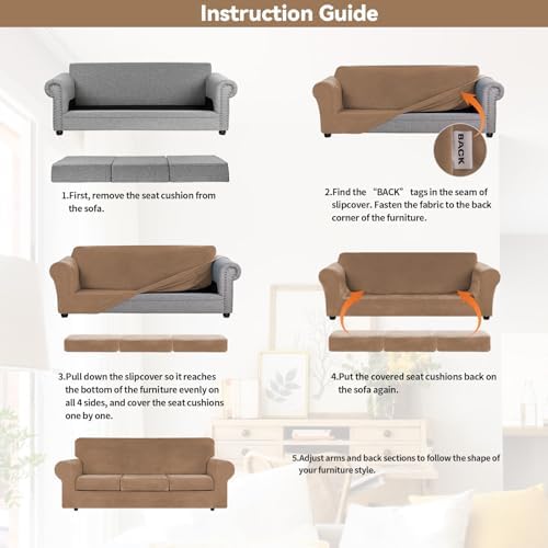 WEERRW 4 Pieces Couch Cover for Sofa Velvet Sofa Covers Washable, Camel - Image 6