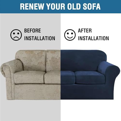 H.VERSAILTEX High Stretch Sofa Slipcover 4 Piece Cover Velvet Furniture Protector Form Fit Thick Velvet Extra Large Sofa Cover for 3 Cushion Couch Width Up to 97 Inch (Large Sofa, Navy) - Image 7