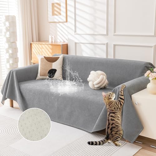 Deep Dream Cat-Scratch Resistant Couch Cover, Waterproof Sofa Cover for 2 Cushion Couch Washable, Pet Friendly Couch Protectors Anti Slip Thickened Slipcovers for Dogs Pets, 71" x 102", Light Grey by DeepDream