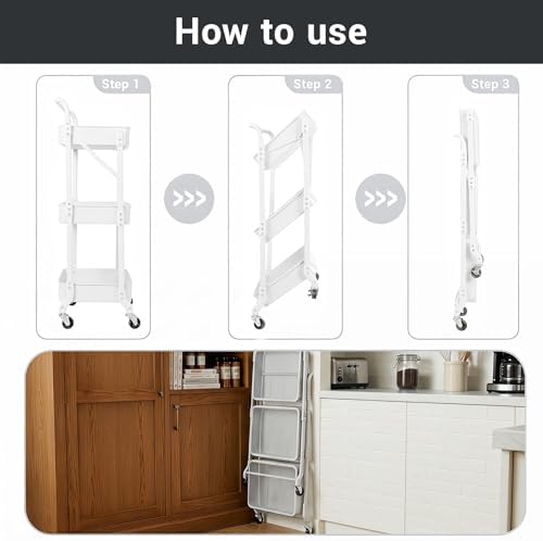 Amatic 3-Tier Folding Rolling Utility Cart with Wheels, Foldable Storage Cart Organizer with 3 Hanging Cups & 6 Hooks for Kitchen, Office, Living Room, Nursery(White) - Image 3