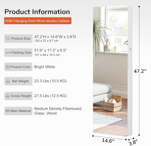 GISSAR Full Length Mirror Jewelry Cabinet, 6 LEDs Jewelry Armoire Wall Mounted Over The Door Hanging, Jewelry Organizer Storage with Lights Lockable, White Surface with Beige Lining, 14.6" x 47.2" - Image 5