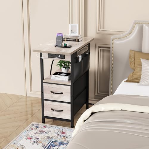 Yenlure Small Side Table with Charging Station, Narrow Nightstand Bedside Tables with Storage Pocket for Living Room Bedroom, Sofa End Table with USB Ports and Power Outlets for Small Spaces, Greige - Image 2