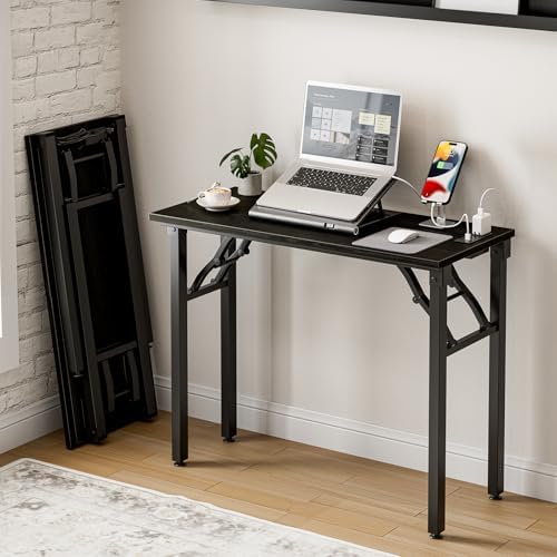 Frylr Small Folding Computer Desk – 35.8 Inch Portable Table for Craft and Study, Lightweight Desk for Small Spaces, Foldable Laptop Table Built-in AC/USB Outlets for Convenience, Dark Oak by Frylr