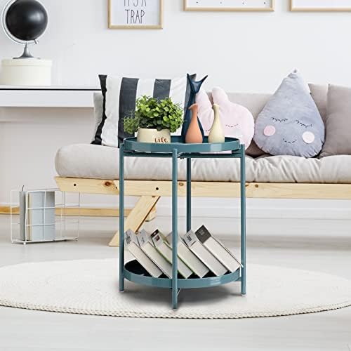 TeoKJ 2 Tier Round Side Table, Folding Round Metal End Table Small Nightstand with Two Removable Tray for Bedroom Living Room Bedside Small Spaces Blue Gray - Image 5
