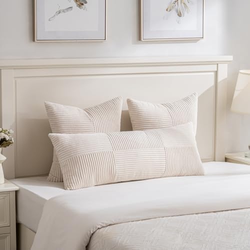 Fancy Homi Set of 2 Cream Boho Long Lumbar Body Decorative Throw Pillow Cover 14x36 Inch for Bed Couch Bedroom Bench, Soft Patchwork Corduroy Textured Pillow Case, Rustic Farmhouse Room Décor - Image 2