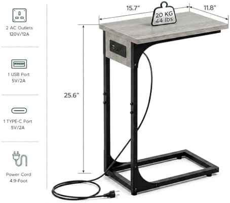 TEMI C Shaped End Table for Couch with Charging Station, Small Side Table TV Tray for Eating or Laptop, Accent Desk for Sofa or Chair, Space Saving Living Room Bedroom, Greige - Image 2