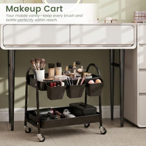 danpinera 2-Tier Rolling Cart, Utility Cart Mobile Metal Rolling Storage Cart with Lockable Wheels & Hanging Cups & Hooks for Kitchen, Bathroom, Office, Workshop, Purple - Image 6