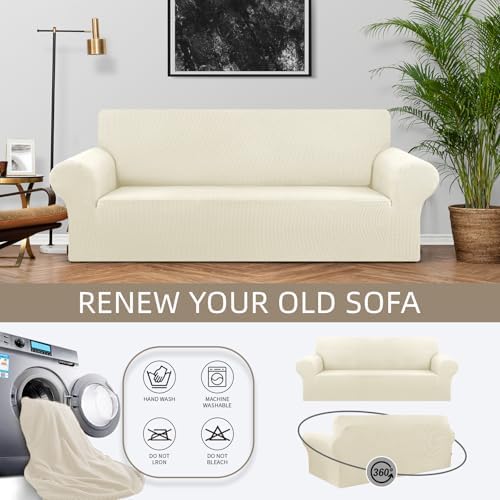 KEKUOU Stretch Loveseat Couch Cover, 2 Cushion Couch Slipcover,Beige - Image 3