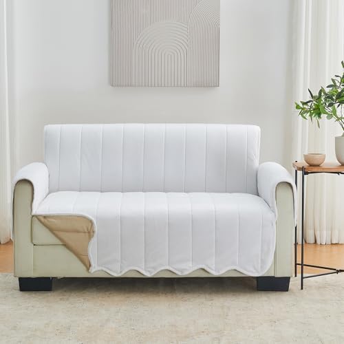 Great Bay Home Velvet Loveseat Cover - Washable Slipcover Furniture Protector with Elastic Straps - Furniture Cover for Dogs, Kids, and Pets - Stitched Detail (White) by GreatBayHome
