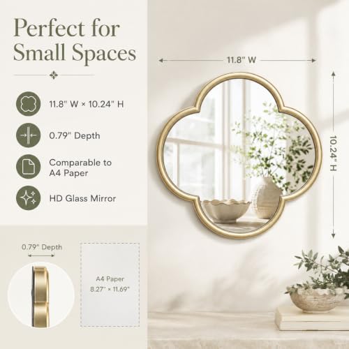 2 Pack Clover Wall Mirrors, Real Glass Decorative Mirrors with Metal Frame, 12" Small Four Leaf Clover Shaped Mirror for Wall Decor, HD Clarity Vanity Mirror Tiles for Bedroom, Living Room - Image 2