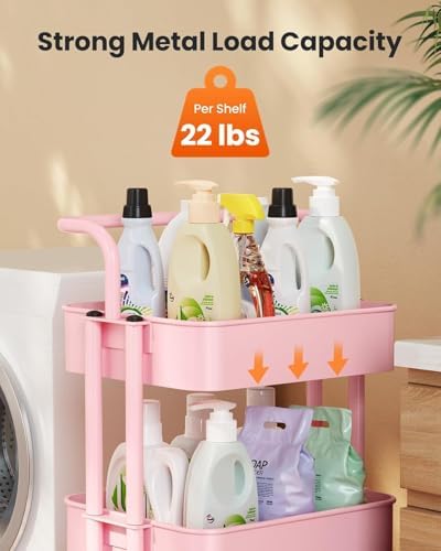 Pipishell Metal 3 Tier Rolling Cart with Handle & 2 Lockable Wheels, Pink - Image 6