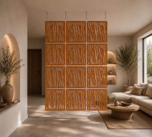 Wooden Teak Tone Hanging Room Divider Panels, Set of 12 by WOODTUCT