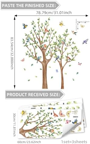 Tree Bird Wall Stickers - Green Flying Leaf Butterfly Vinyl Peel & Stick Removable Wall Art Decals Decorative for Living Room Kid Bedroom,83.54 cm x 78.79 cm - Image 3