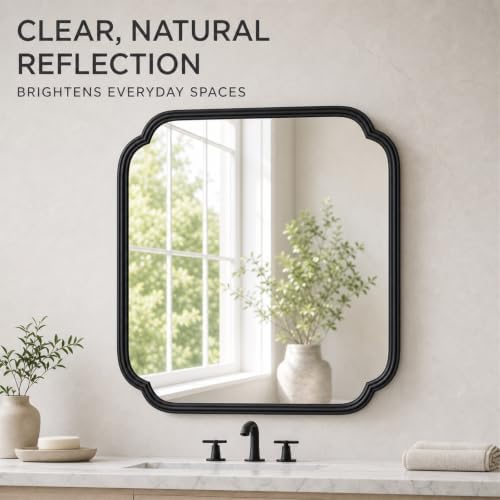 Ferytange 24 x 24 Inch Matte Black Metal Framed Bathroom Vanity Mirror, Rounded Rectangle Wall Mirror, Shatterproof HD Float Glass for Bedroom Living Room Horizontal/Vertical - Image 7