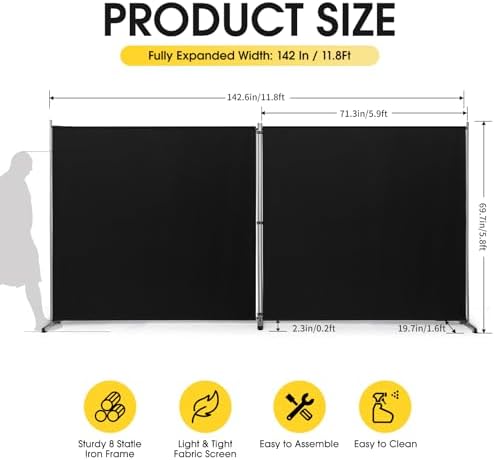 Rantila 2 Large Panels Room Divider,Portable Office Divider,Convenient Movable,Folding Partition Privacy Screen for Bedroom,Dining Room, Study,142" W x 71" H,Black - Image 2