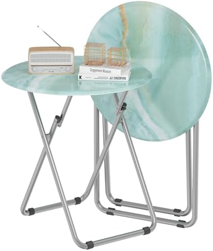 TV Tray Round Table, Small Foldable Table, Portable Dinner Table for Eating, Snack Side Trays Table Set of 2, No Assembly Required (Ocean Blue Marble, 2Pcs) by Fleecy+day