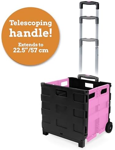 Inspired Living Ultra-Slim Rolling Collapsible Storage Pack-N-Roll Utility-carts, with Telescopic Handle, for Home, Garden, Shopping, Office, School use, Large, Pink & Black - Image 4