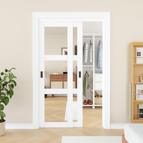 Bypass Mirrored Closet Door 48" x 80", 3-Lite Mirror Sliding Doors for Bedroom with Hardware Kit & Floor Guide, Paintable Interior Door Pre-Drilled for Easy Assembly by AINLARRY