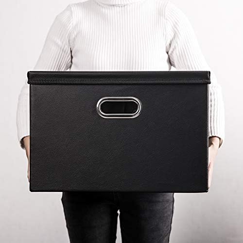 PRANDOM Large Collapsible Storage Bin with Lid [1-Pack] Leather Fabric Foldable Storage Box Organizer Containes Basket Cube with Cover for Home Bedroom Closet Office Nursery Black (17.7x11.8x11.8) - Image 7
