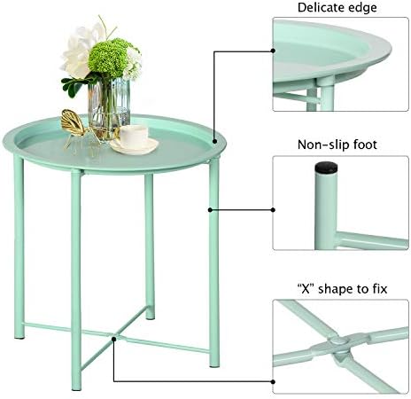 VECELO Side/End Table, Folding Round Metal Anti-Rust and Waterproof Outdoor or Indoor Tray for Living Room Bedroom Balcony and Office, 2 PCS, Light Green - Image 6