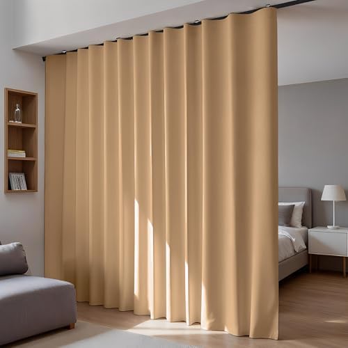 Room Divider Blackout Curtains Flexible Sliding Tracks Sets Ceiling Mounted Rod Window Curtain Privacy Separation for Bedroom Living Rooms,1 Panel Khaki Drape and Black Track Set-W144xH96 in by DOEIEZ