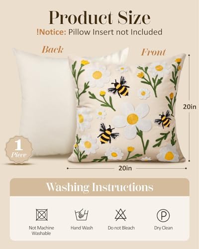 Embroidered Throw Pillow Cover 20x20 Inch, Flower Bee - Image 4