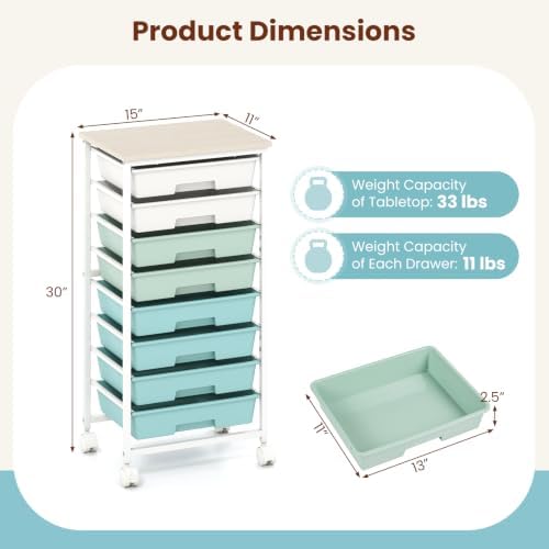 Giantex 8 Drawers Rolling Cart with Wheels, Wood Top, Sturdy Frame - Image 3