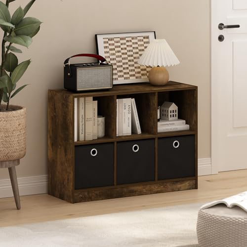 Furinno Basic Book Shelf, 6-Cube Bookshelf with Open Shelf, 3 x 2 Bookcase with Storage Bins, Closed Back, Horizontal, 11.9 x 31.6 x 23.6, for Living Room, Bedroom, Home Office, Amber Pine - Image 2