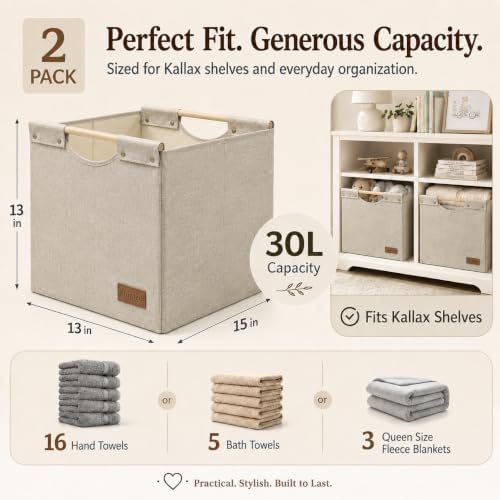 KAKAMAY Fabric Cube Storage Bin, Fits Kallax Shelf 13x15x13 2-Pack Khaki - Image 3