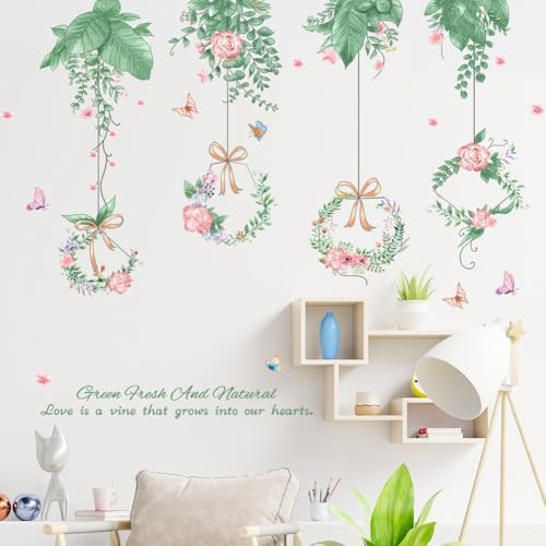 Hanging Green Vine Wall Decals,Succulent Plants Wisteria Floral Flowers Butterflies Birds Wall Stickers, Self-Adhesive Vinyl Removable Living Room Sofa TV Wall Decor - Image 6
