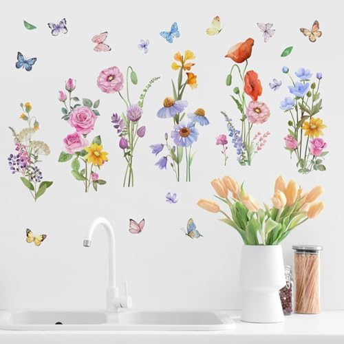 Yovkky Watercolor Wildflower Wall Decals Stickers, Rose Poppy Flowers | Butterfly Home Girls Bedroom Decor, Spring Summer Floral Living Room Kitchen Decorations Art - Image 6
