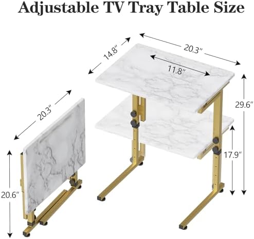 Folding tv Tray Dinner Snack Table,6 Height Adjustable Slide Under Couch Side Table, Portable Small Foldable C-Shaped End Table for Eating with Sturdy MDF Top,No Assembly(White Marble+Gold) - Image 2