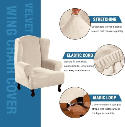 H.VERSAILTEX Wingback Chair Covers Velvet Plush Wing Chair Slipcover 1 Piece High Stretch Wing Back Chair Slipcovers Sofa Cover Furniture Cover with Elastic Bottom, Ivory - Image 2