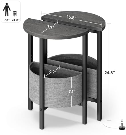 Vagusicc Small Round Side Table End Table, Tall Accent Table with Storage Basket, Set of 2 Half Round Table Half Moon Tables, Coffee Bedside Table Modern Nightstand for Living Room Bedroom Gray Walnut - Image 3
