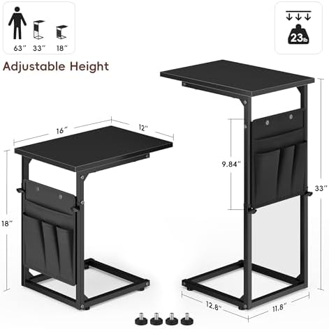 Vagusicc C-Shaped End Table, Small Side Table for Couch, Sofa Table Adjustable Height End Tables Living Room, Bedside Slide Under Couch Table for Sofa, TV Tray Table with Metal Frame for Bedroom,Black - Image 3