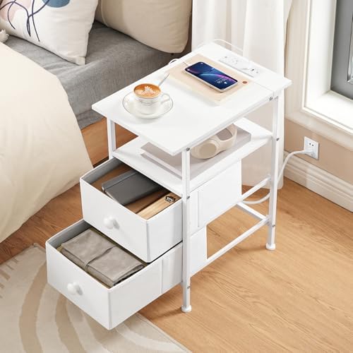 HOOBRO End Table with Charging Station, Narrow Side Table, Nightstand with 2 Non-Woven Drawers, Slim Sofa Side Table, for Small Spaces, Living Room, Bedroom, White WT486UBZ01 - Image 2