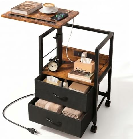 Faesun Swivel Lift Top Nightstand with Charging Station, Rolling Side Table for Recliner, Bedside Table with Wheels & 2 Fabric Drawers, for Small Spaces, for Bedroom, Living Room, Brown Black by Faesun