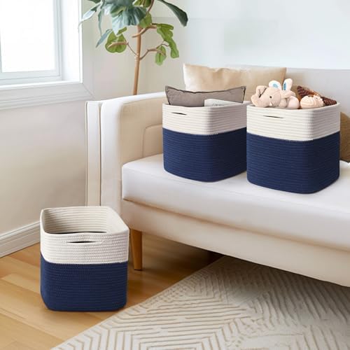 11x11 Cube Storage Bin - 3 Pack Woven Storage Cubes Organizer, 11 Inch Cotton Rope Baskets for Organizing, Decorative Square Shelf Baskets Closet Bins, Toy Boxes for Boy, Dark Blue Decor - Image 6