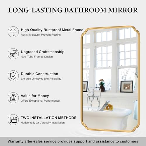 Ferytange 30"x48" Gold Bathroom Mirror for Wall, Large Brass Gold Bathroom Vanity Mirror for Over Sink, Rounded Rectangle Mirror in Premium Iron Metal Frame Hangs Horizontal Or Vertical - Image 6