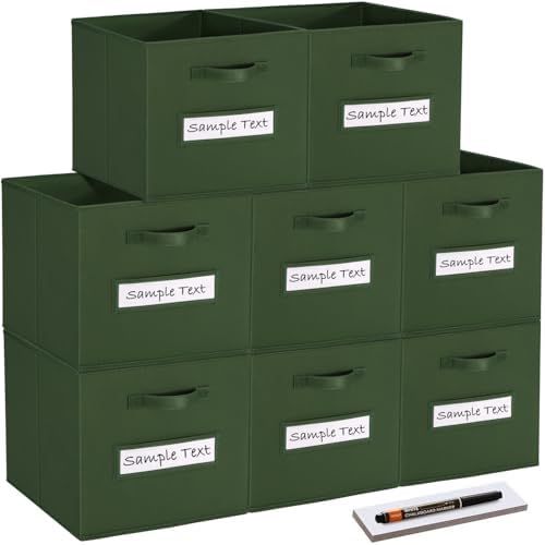 Fabric storage cubes (8 Pack) 11 Inch Cube Storage Bin, cube organizer bins with 8 Labels Window Cards & a Pen, Foldable cube organizer bins and Storage Box, Dark Green by Artsdi