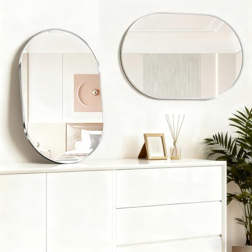 Oval Bathroom Mirror Capsule Wall Vanity Mirror, 24"x36" Pill Mirrors Wall Mounted Mirror, Large Modern Mirror with Silver Metal Frame, Decor for Entryway, Bedroom, Living Room - Image 5