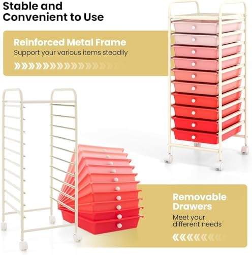 10-Drawer Rolling Storage Cart, Trolley w/Lockable 360° Wheels, 10 Removable PP Drawers, Sturdy Metal Frame, Rolling Utility Cart Perfect for Home, Office, Classroom (Mixed Pink) - Image 5