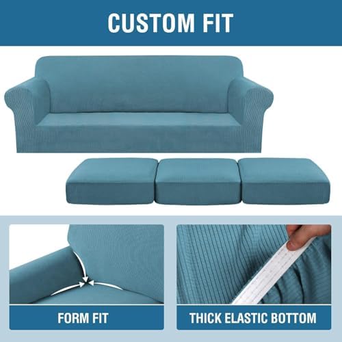 H.VERSAILTEX 4 Piece Stretch Sofa Covers for 3 Cushion Couch Covers for Living Room Furniture Slipcovers (Base Cover Plus 3 Seat Cushion Covers) Thicker Jacquard Fabric (Large Sofa, Storm Blue) - Image 4