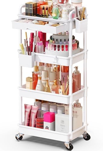 SUNALLY Makeup Cart Organizer with Drawer,4 Tier Rolling Makeup Cart, White by SUNALLY