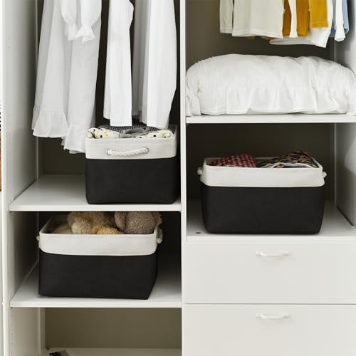 TheWarmHome Storage Basket for Organizing - Large 3 Pack 15.7x11.8x8.3 inch Collapsible Storage Bin for Shelves with Handles Laundry Cube Toy Closet Nursery (Whiet & Black) - Image 2